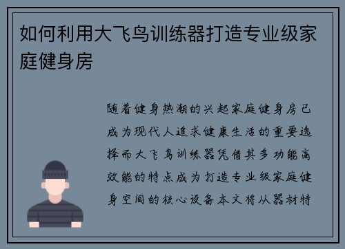 如何利用大飞鸟训练器打造专业级家庭健身房